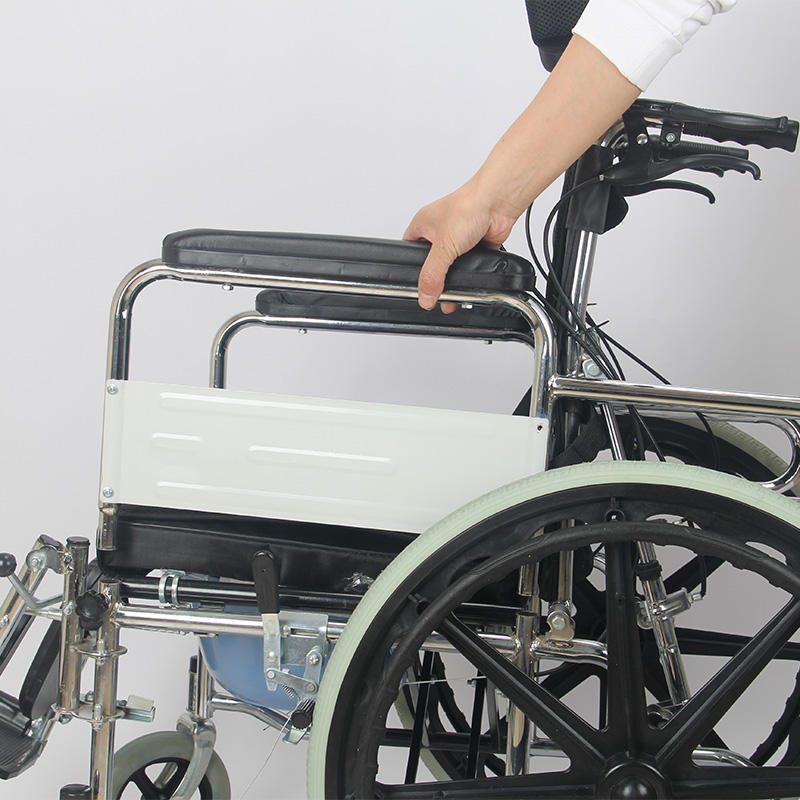 Factory Wholesale High Back Reclining Steel Commode Wheelchair, Detachable Armrest, Detachable Elevating Legrest