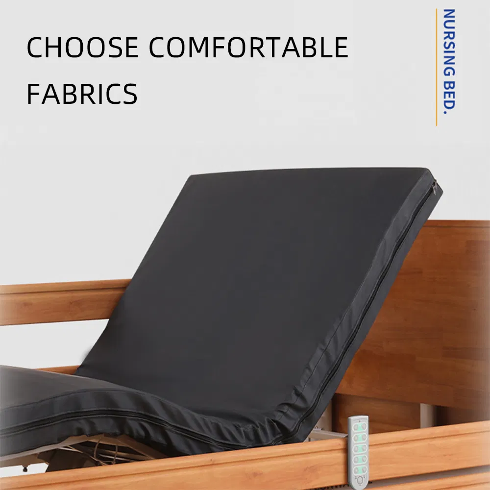 5-Function Electric Nursing Bed Wood Guardrail Metal Construction Adjustable Backrest Footrest Home Care for Elderly Foldable