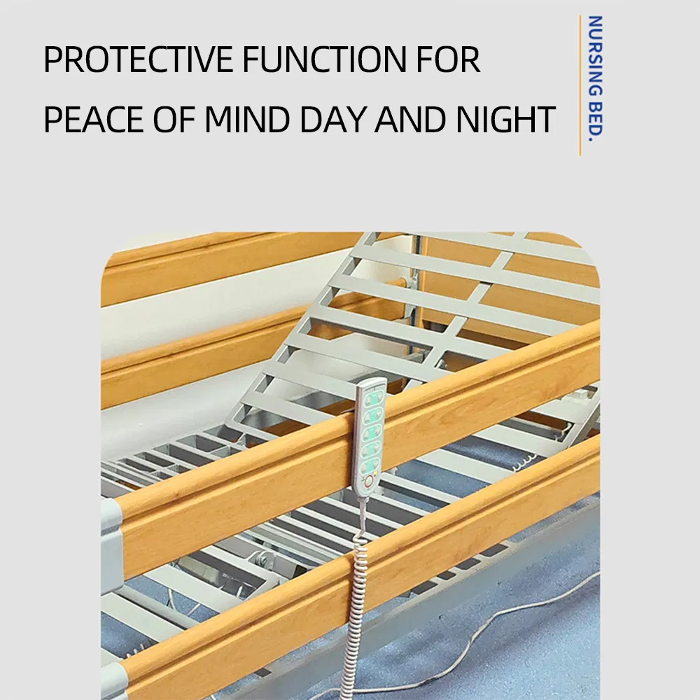 5-Function Electric Nursing Bed Wood Guardrail Metal Construction Adjustable Backrest Footrest Home Care for Elderly Foldable