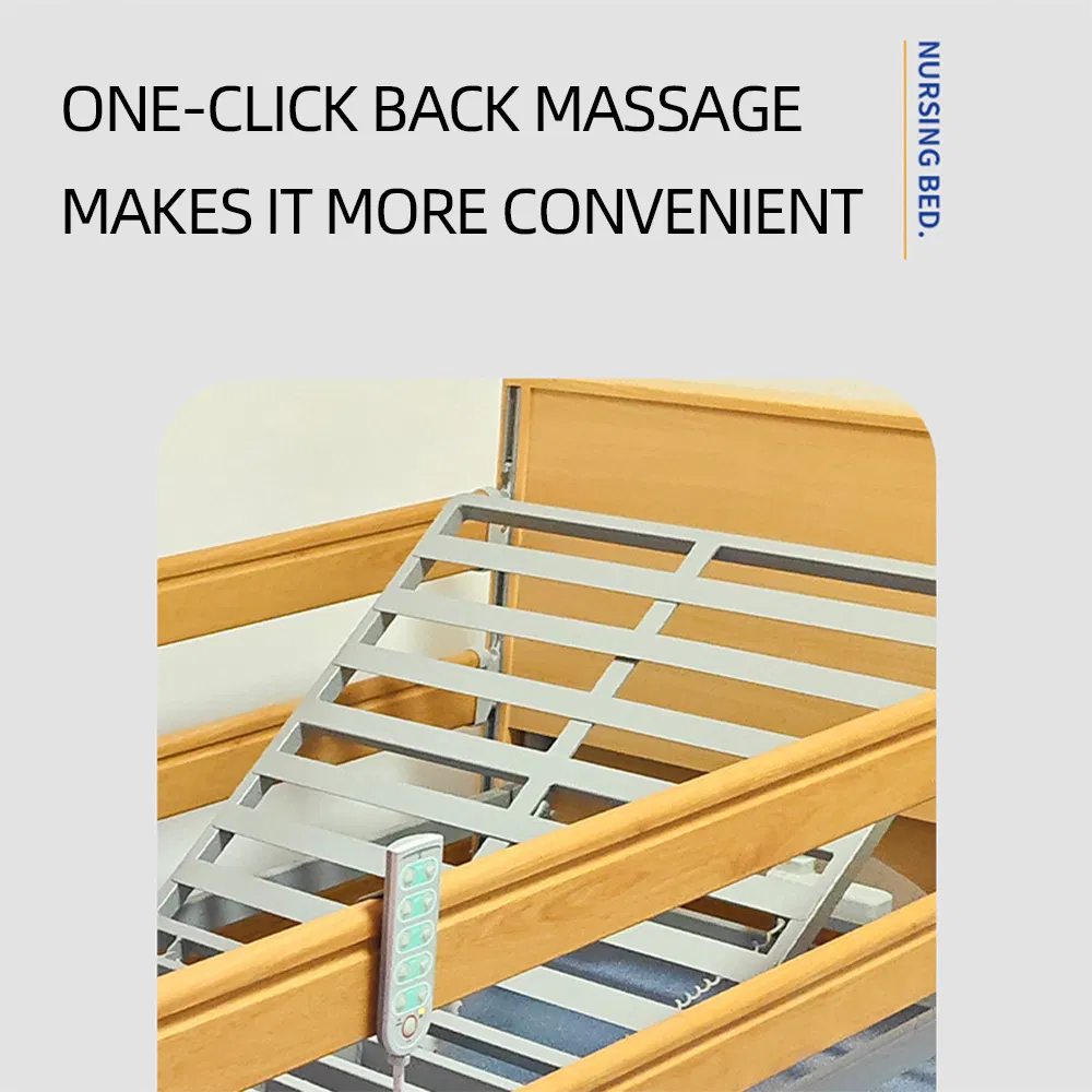 5-Function Electric Nursing Bed Wood Guardrail Metal Construction Adjustable Backrest Footrest Home Care for Elderly Foldable