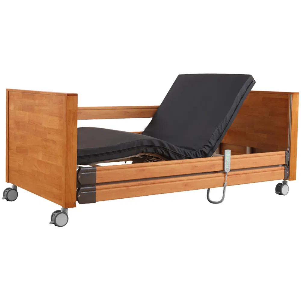 5-Function Electric Nursing Bed Wood Guardrail Metal Construction Adjustable Backrest Footrest Home Care for Elderly Foldable