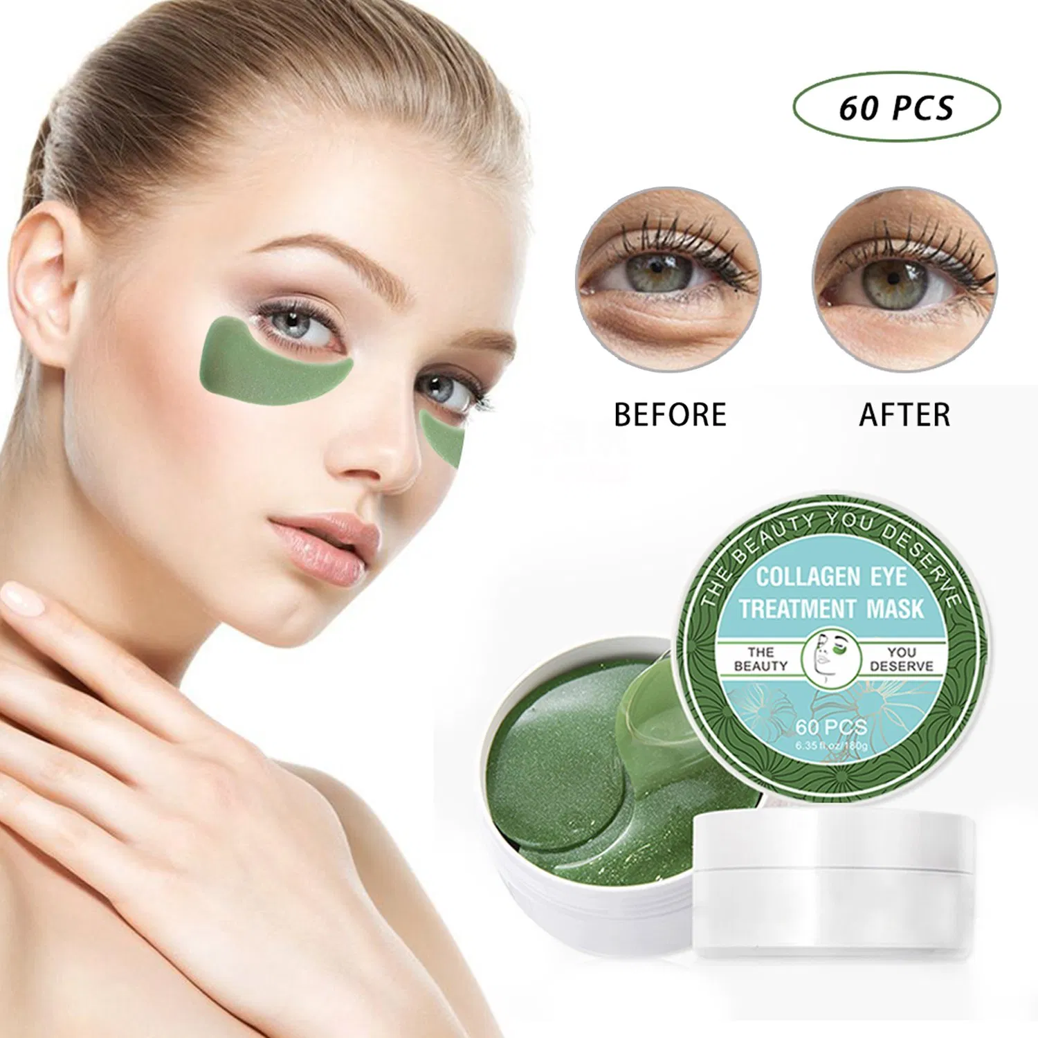 Custom Logo OEM Dark Circles Fine Lines Anti-Aging Green Mask Patch Lighten Eye Bags Firming Light Wrinkle Hydration Cosmetics for Eye