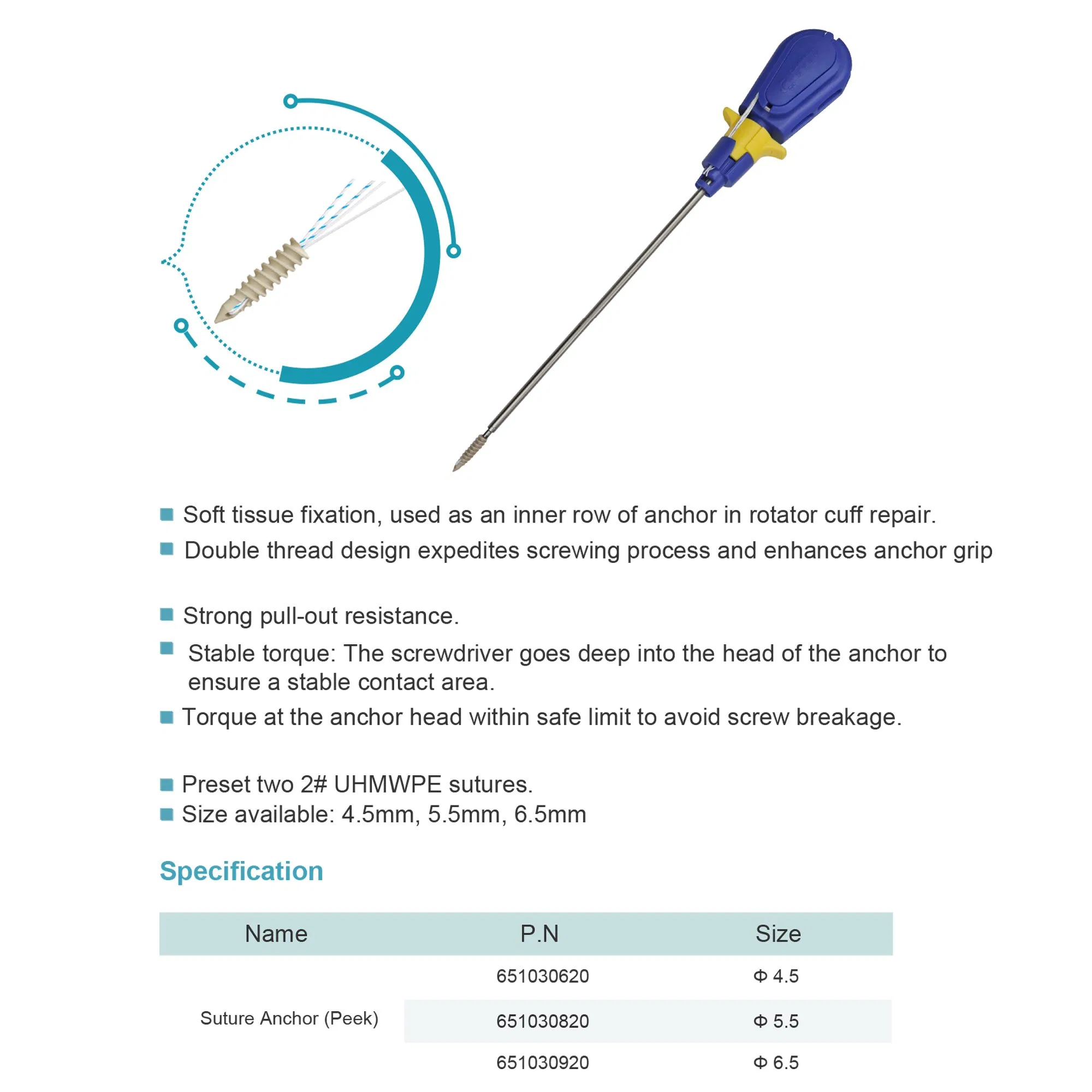 Canwell Nonabsorbable Surgical Knotless Arthroscopic Suture Anchor Peek Suture Anchor