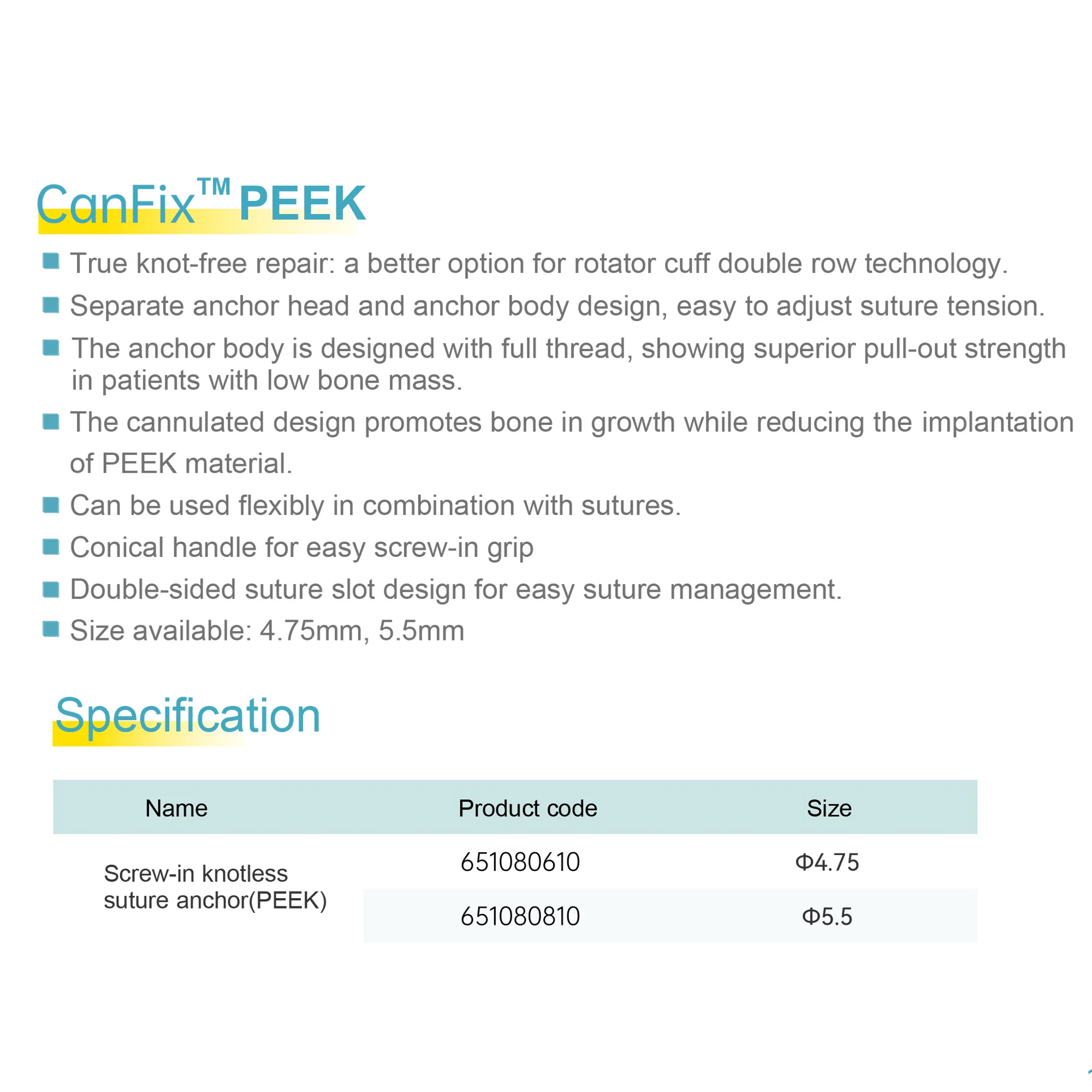 Canwell Sports Medicine Cartilage Arthroscopy Suture Anchor with Nonabsorbable Surgical Knotless Peek Anchor Suture