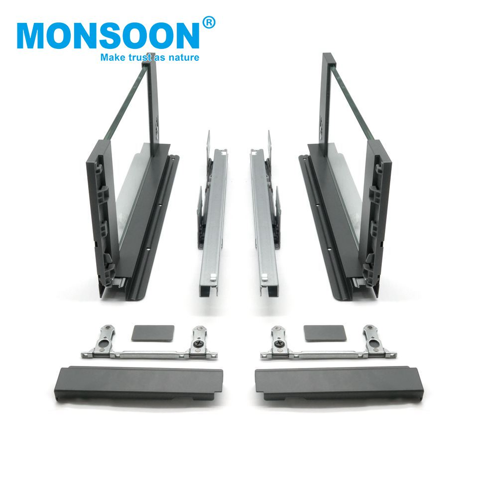 Manufacturer Wholesale Under Mounted Zinc Plated Slim Metal Box Hidden Correderas Push 167mm Height Grey Glass Drawer System