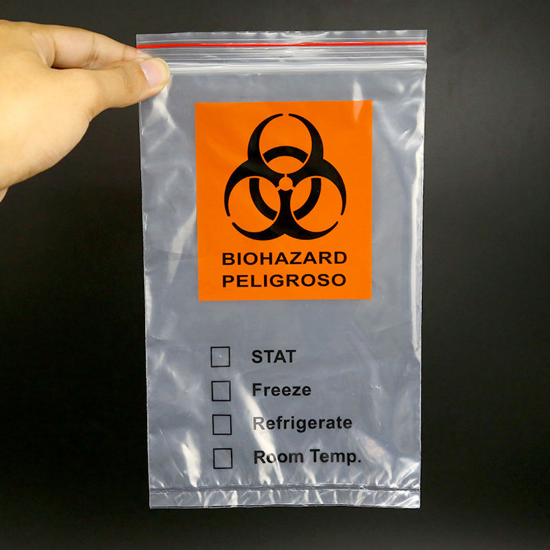 Customized Printed Red LDPE Biohazard Specimen Bag Lab Trash Collection Specimen Bag with Pouch