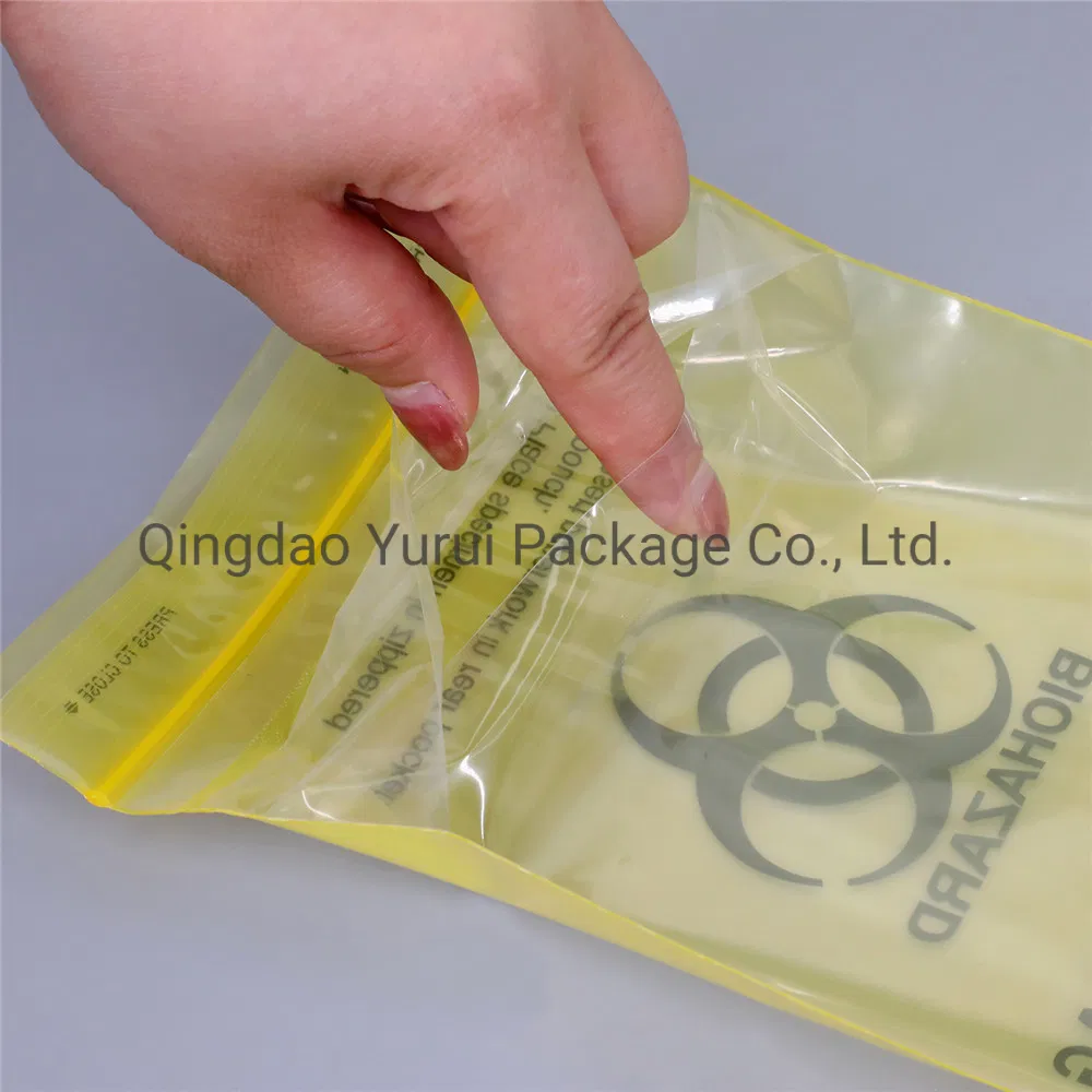 6*9 Inch LDPE Disposable Resealable 4 Walls Biohazard Laboratory Yellow Film Specimen Bag with Back Pocket