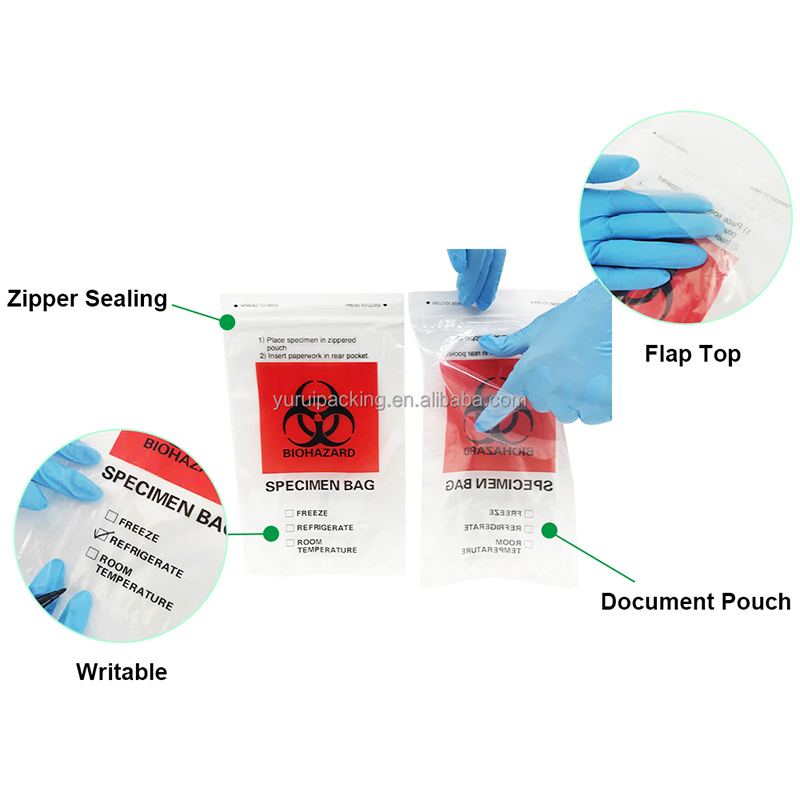 Yurui BPA Free Disposable Safety Sealing Laboratory Hospital Specimen Pill Packaging Custom 3 / 4 Layers 95kpa Biohazard Specimen Bag Trash Bag Pill Bag