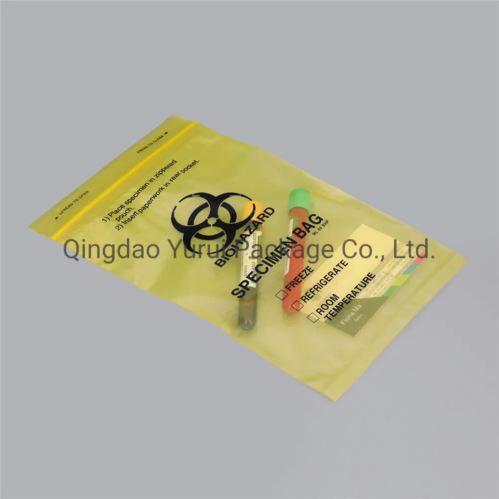 6*9 Inch LDPE Disposable Resealable 4 Walls Biohazard Laboratory Yellow Film Specimen Bag with Back Pocket