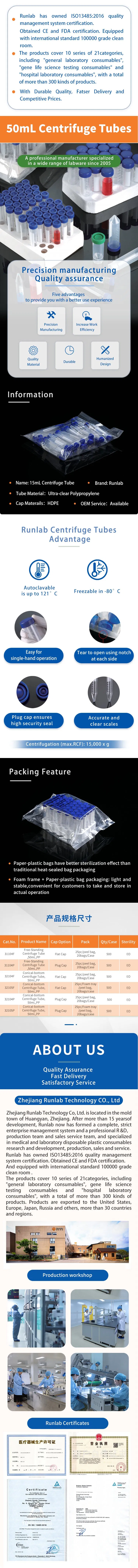 50ml Conical Centrifuge Tube Plastic Material for Laboratory Applications