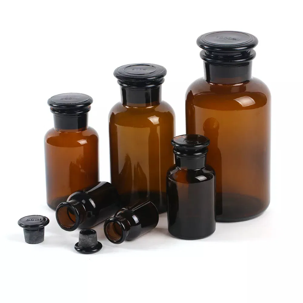 30ml 60ml 125ml 250ml 500ml 1000ml Wide Mouth Amber Reagent Glass Apothecary Bottles with Lid