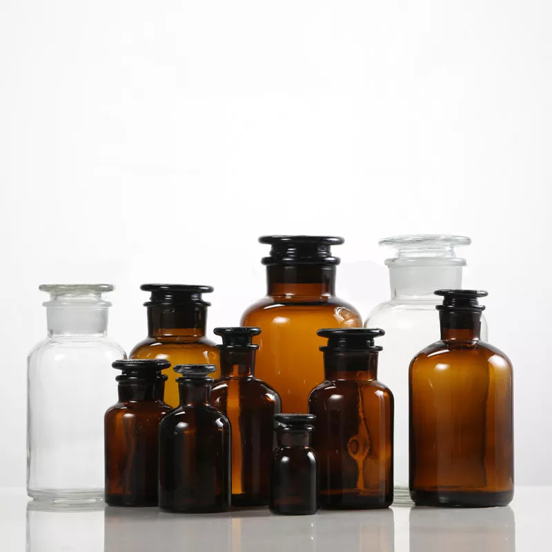 30ml 60ml 125ml 250ml 500ml 1000ml Wide Mouth Amber Reagent Glass Apothecary Bottles with Lid