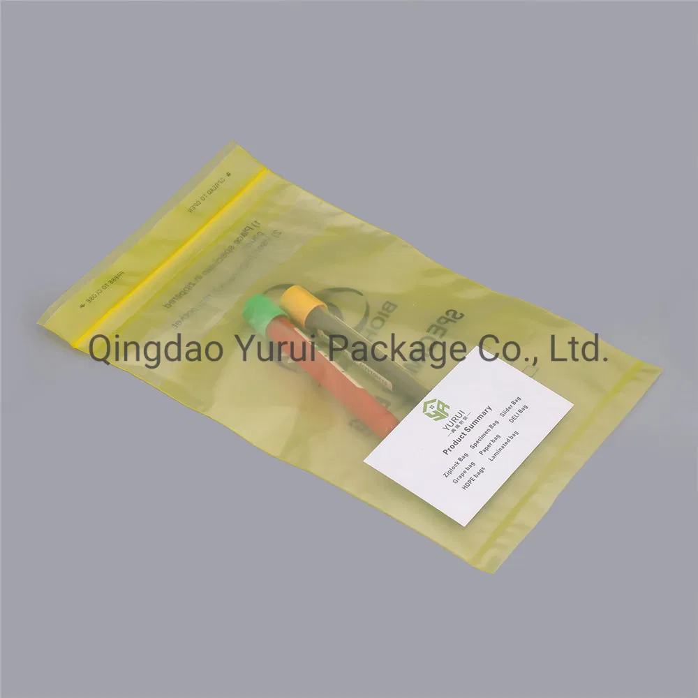 6*9 Inch LDPE Disposable Resealable 4 Walls Biohazard Laboratory Yellow Film Specimen Bag with Back Pocket