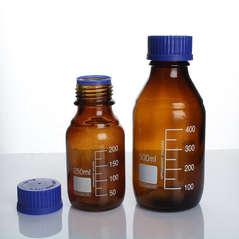 Laboratory 250ml 500ml 1000ml Scale Graduation Small Mouth Screw Top Amber Glass Chemical Reagent Bottle with Gl45 Cap