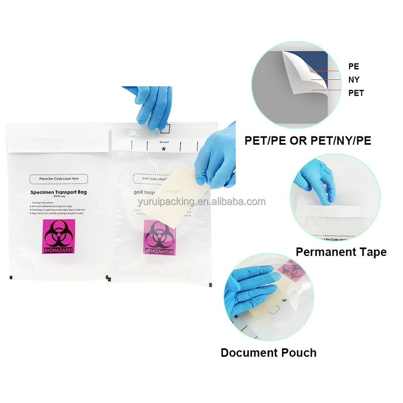 Yurui BPA Free Disposable Safety Sealing Laboratory Hospital Specimen Pill Packaging Custom 3 / 4 Layers 95kpa Biohazard Specimen Bag Trash Bag Pill Bag
