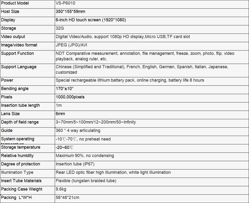 Industrial Endoscope Specification