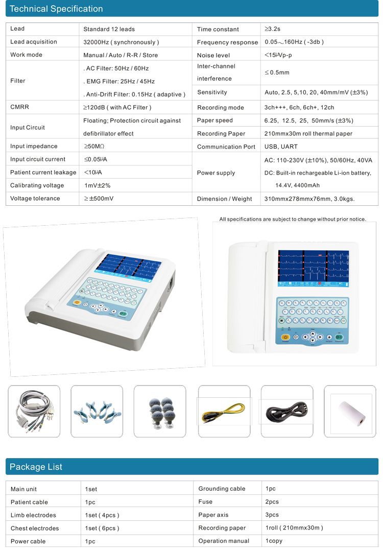 My-H007f Medical Device Digital Electrocardiograph Portable ECG 12 Channel