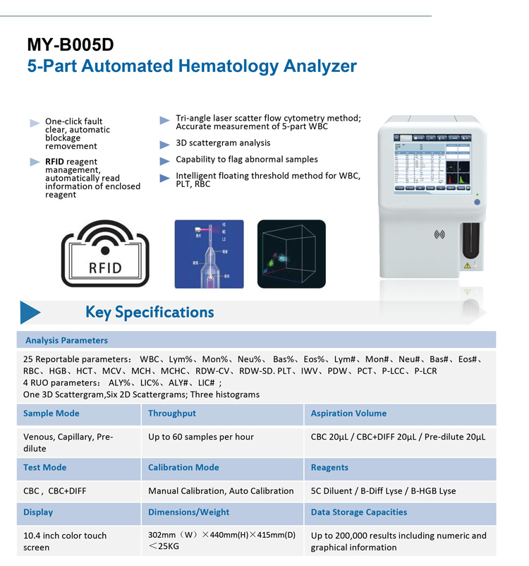 My-B005D Medical Manufacturers Clinical Analytical Instrument 5-Part Blood Corpuscle Hematology Analyzer Machine