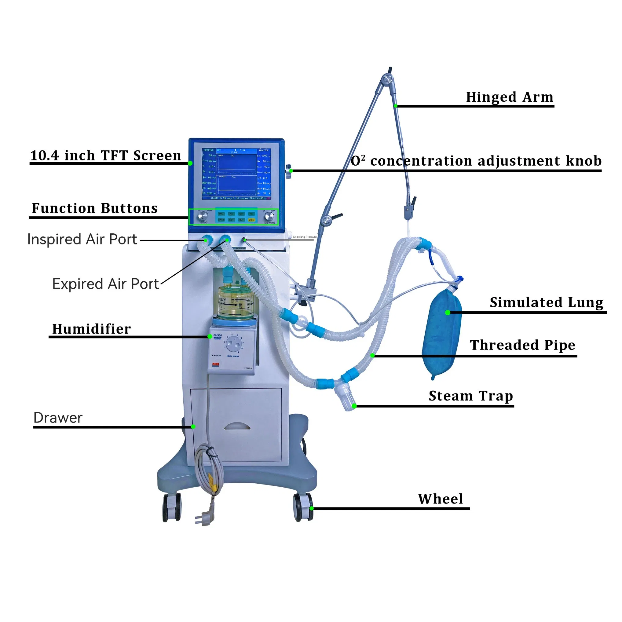 Medical 10.5 Inch LCD Touch Screen Adult, Pediatric and Neonatal Hospital Surgical ICU Breathing Ventilator