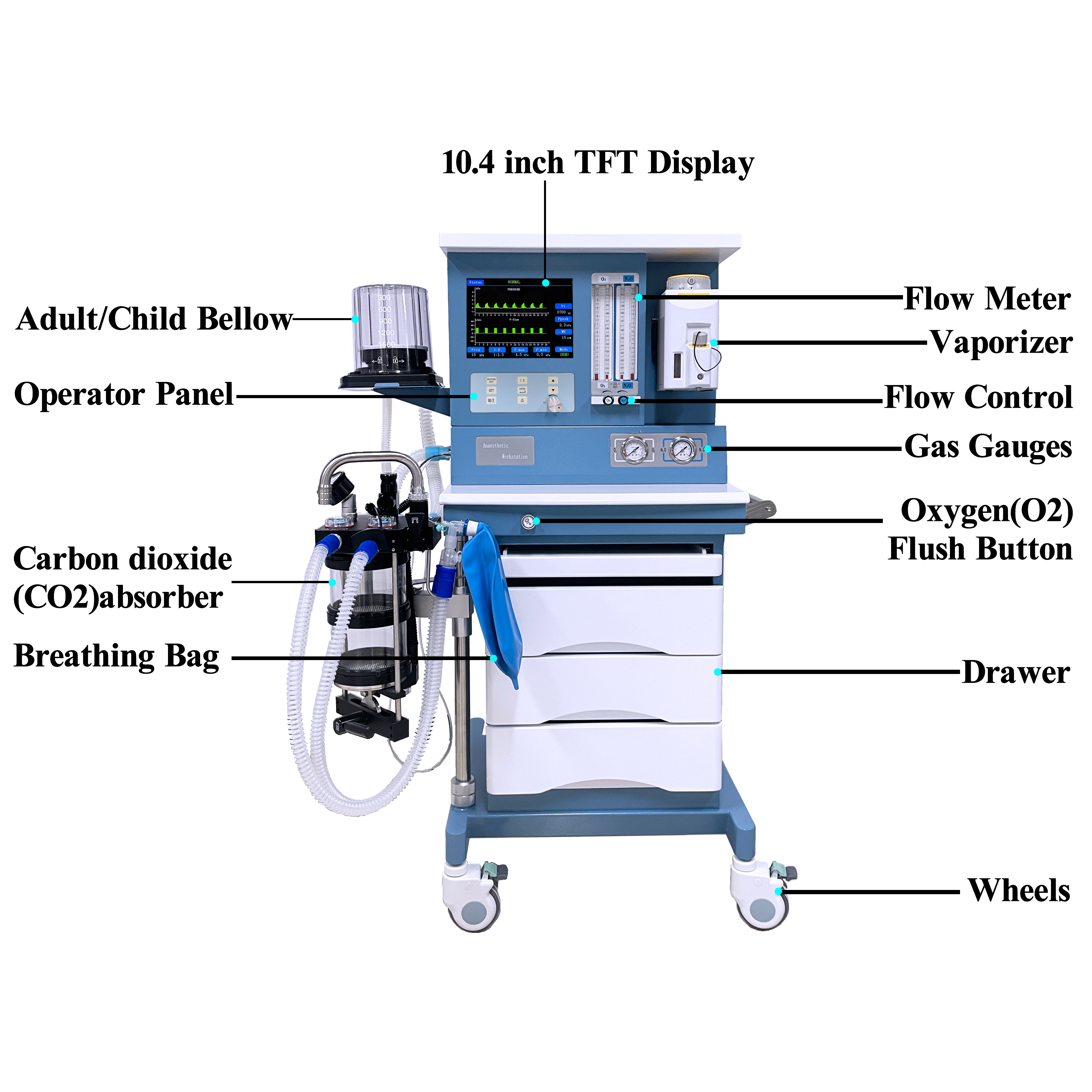 Portable Dog Anesthesia Machine with Built-in Ventilator-Volume/Pressure Control 21%-90% O2 OEM/ODM Supported for Veterinary Use