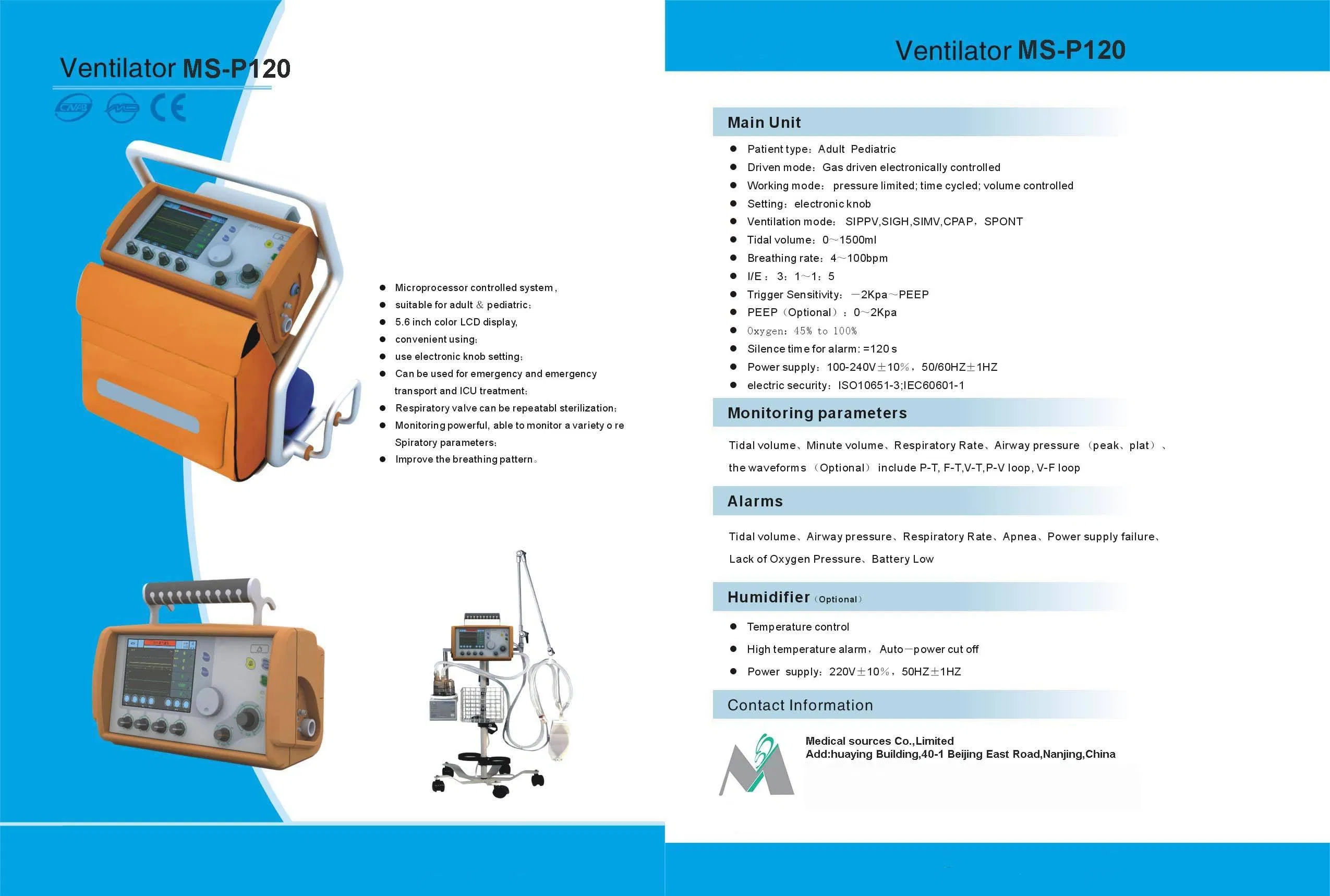 Ms-P120 Good Quality and Price Emergency Transport Ventilator