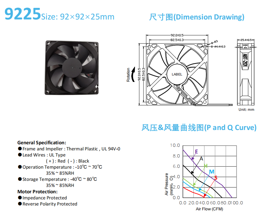 9225 DC Axial Fan For Oxygen Concentrator And Commercial Refrigeration Units Continuous 24/7 Operation With Motor Protection