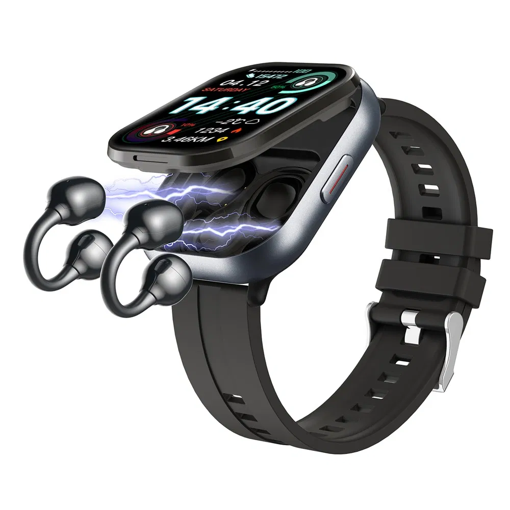 D12 2 in 1 Bluetooth-Compatible Earbuds Smart Watch Health Monitoring Fitness Tracker 2.01 Inch TFT Screen Wristwatch, Silicone Strap - Black