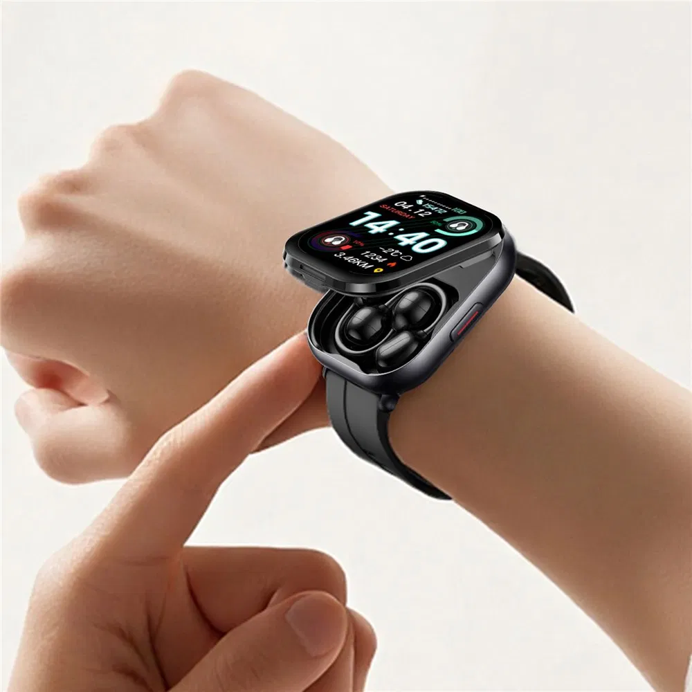 D12 2 in 1 Bluetooth-Compatible Earbuds Smart Watch Health Monitoring Fitness Tracker 2.01 Inch TFT Screen Wristwatch, Silicone Strap - Black