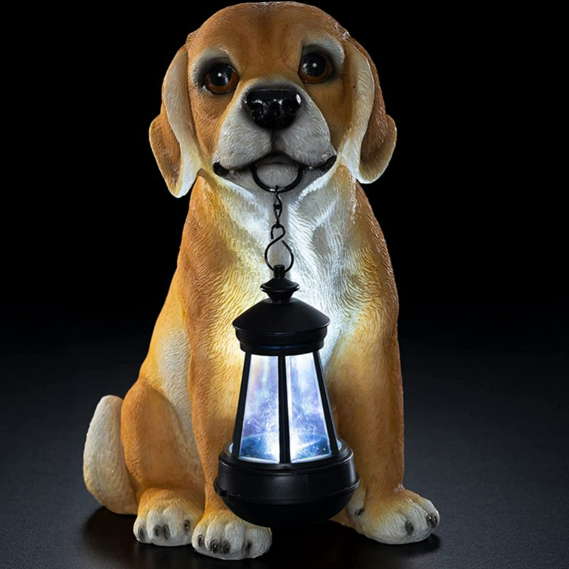 BSCI Factory Resin Golden Puppy with Lantern Solar Powered LED Outdoor Decor Garden