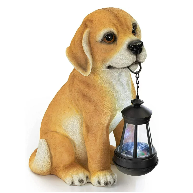BSCI Factory Resin Golden Puppy with Lantern Solar Powered LED Outdoor Decor Garden