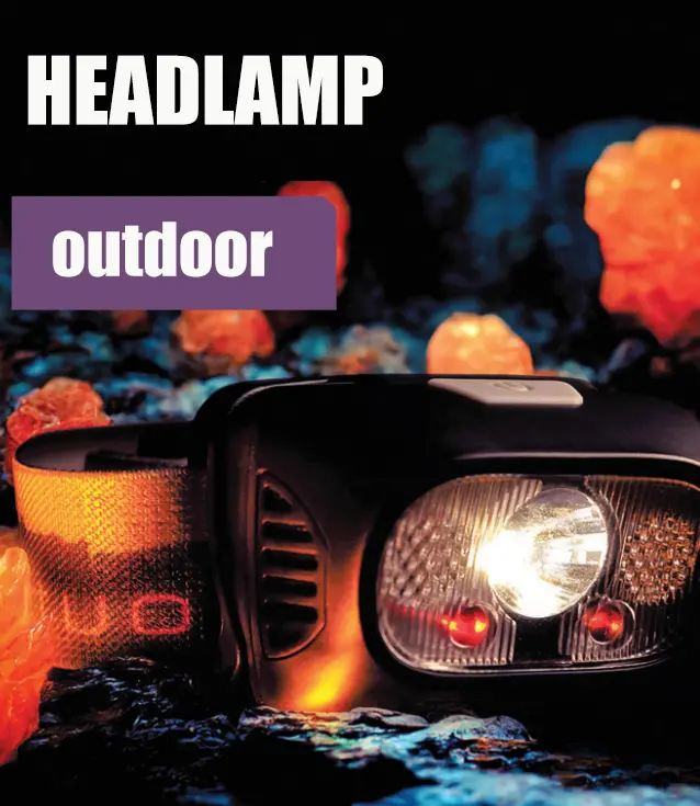 Headlamp worn by outdoor explorer in dark environment