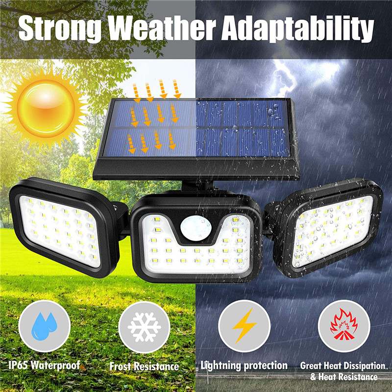 China Best 3 Adjustable Heads Solar Power Outdoor 74 LED Wireless Security Motion Sensor Wall Light for Porch Yard Garage Pathway Suppliers, Exporter