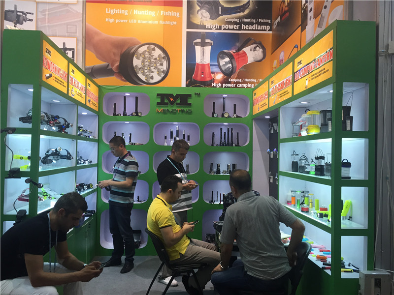 USB flashlight and headlamp products displayed Canton Fair 2015