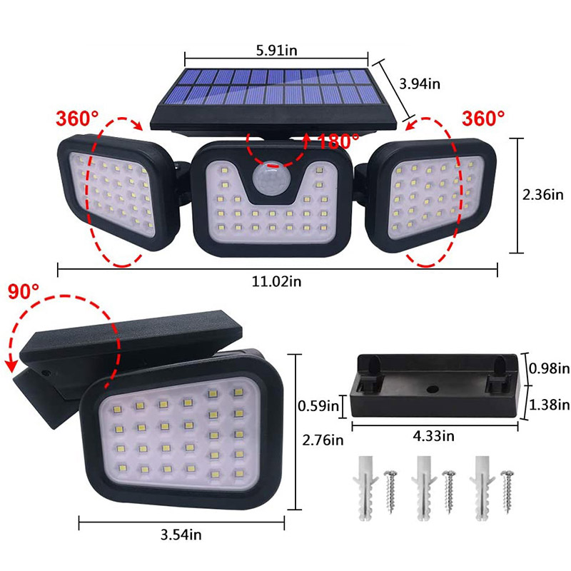 China Best 3 Adjustable Heads Solar Power Outdoor 74 LED Wireless Security Motion Sensor Wall Light for Porch Yard Garage Pathway Suppliers, Exporter