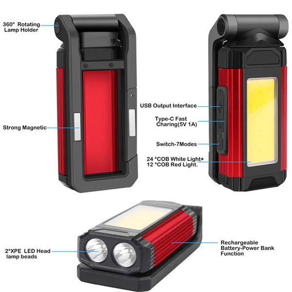 China Best Multifunctional Type-C charging Power Bank COB Work Light With Adjustable Stand Magnetic Base Hook Suppliers, Factory