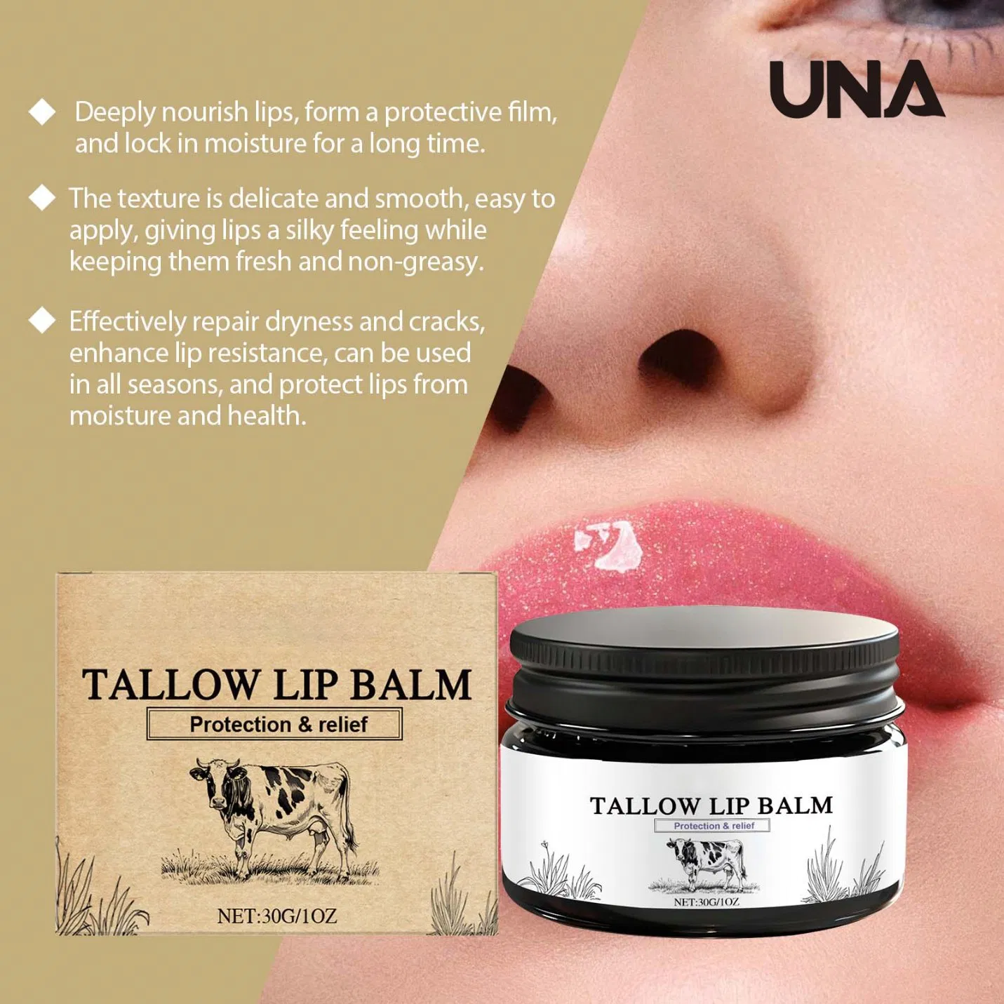 Beef Tallow Lip Balm - Softens and Nourishes Dry Lip Skin, Moisturizing, Daily Lip Care Balm