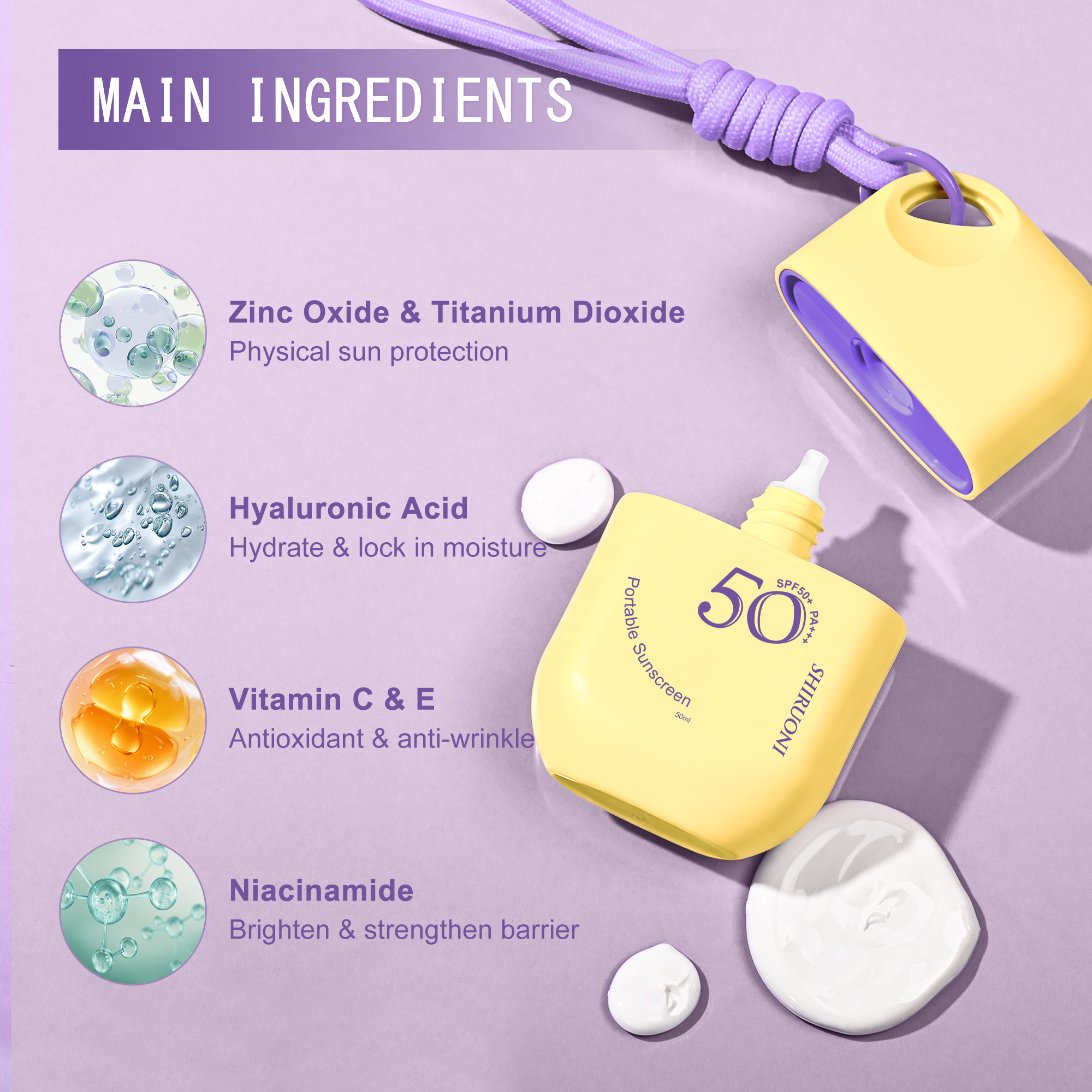Outdoor Travel Portable Weightless Waterproof SPF50 PA+++ Zinc Oxide Sunscreen UVA / UVB Sun Protection Cream With Lanyard