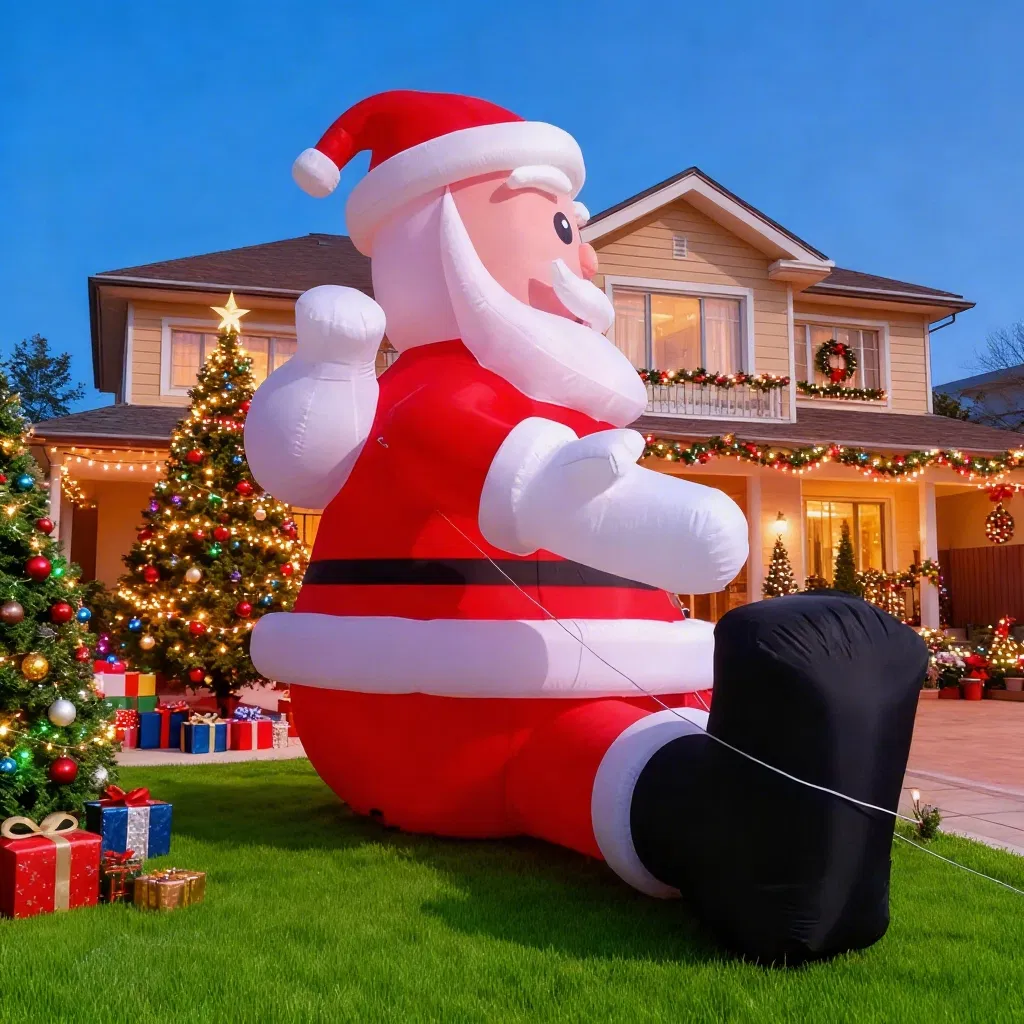 LED Red Inflatable Santa Half-Body Lying on Building for Night Decoration