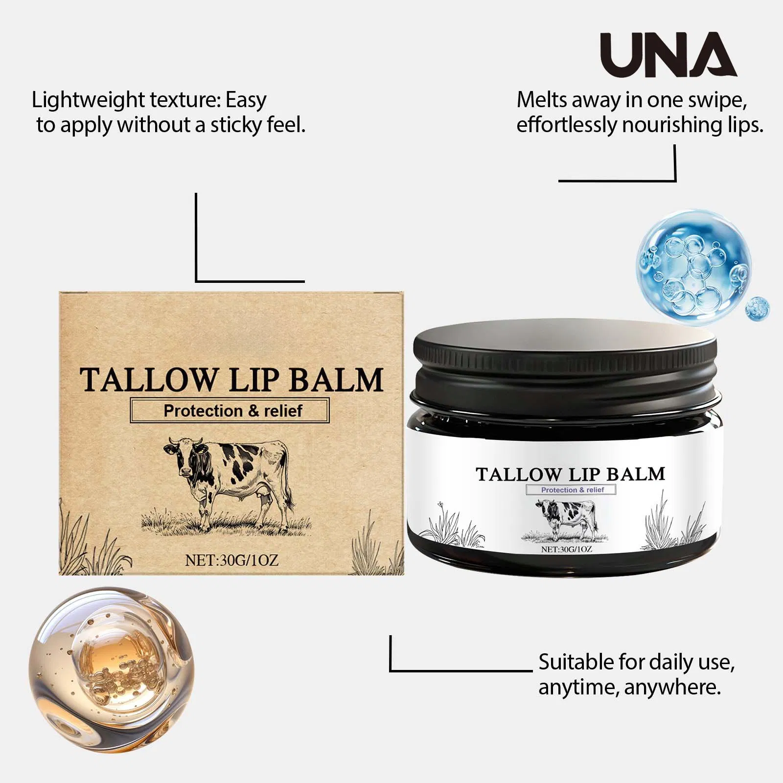 Beef Tallow Lip Balm - Softens and Nourishes Dry Lip Skin, Moisturizing, Daily Lip Care Balm