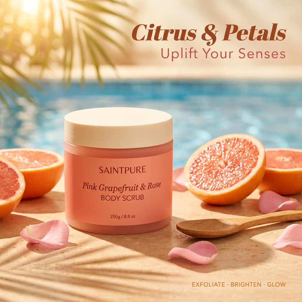 OEM Pink Grapefruit &amp; Rose Glowing Body Scrub Vitamin C Exfoliating Polish Brightening Skin Care for Dull Uneven Skin Tone 250g