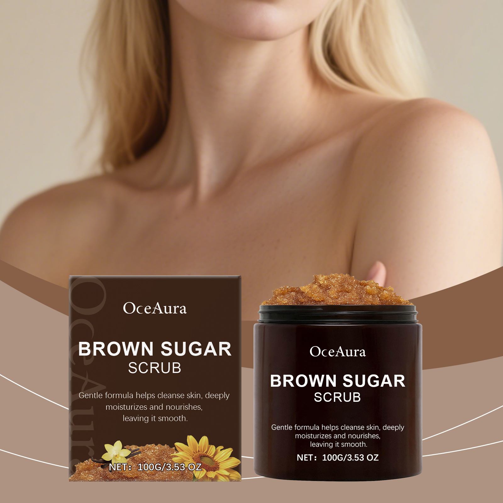OCEAURA Vegan Organic Gentle Cleansing Body Scrub with Exfoliating Sugar for Moisturizing Smooth Skin Maintenance