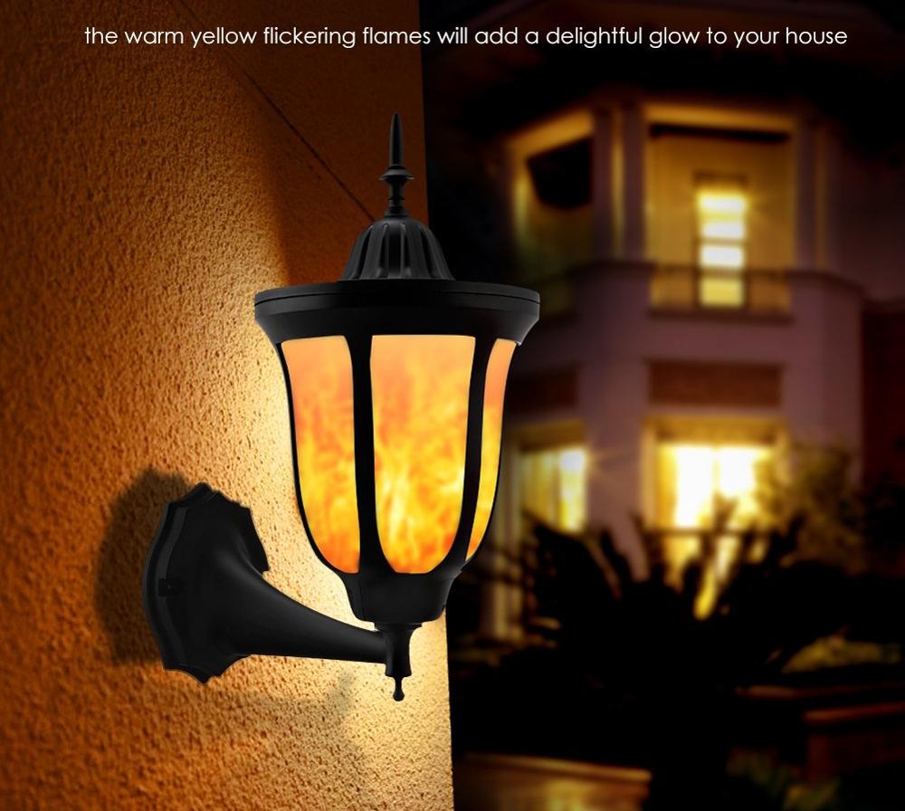 2 Pack Outdoor Lighting Solar Wall-Mounted 96 LED Dancing Flame Garden Light IP65 Water-Resistant Light Sensor Control Black