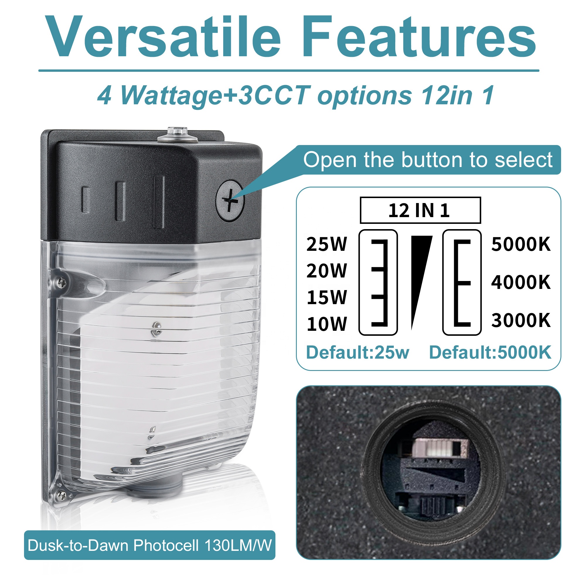 ETL Listed Mini IP65 Waterproof AC100-277V 3CCT and 4wattage Selectable with Dusk to Dawn Photocell LED Wall Pack Light