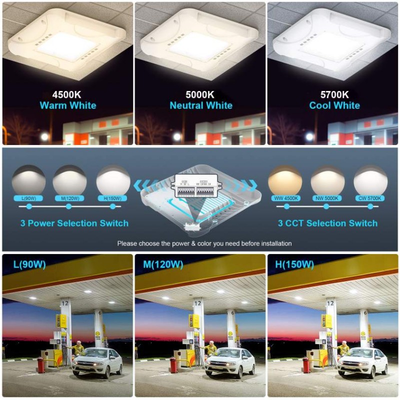 Gas Station LED Canopy Lamp IP65 150W/120W/90W Tunable CCT 4.5/5/5.7K 100-277VAC 5-Year Warranty Warehouse Residential
