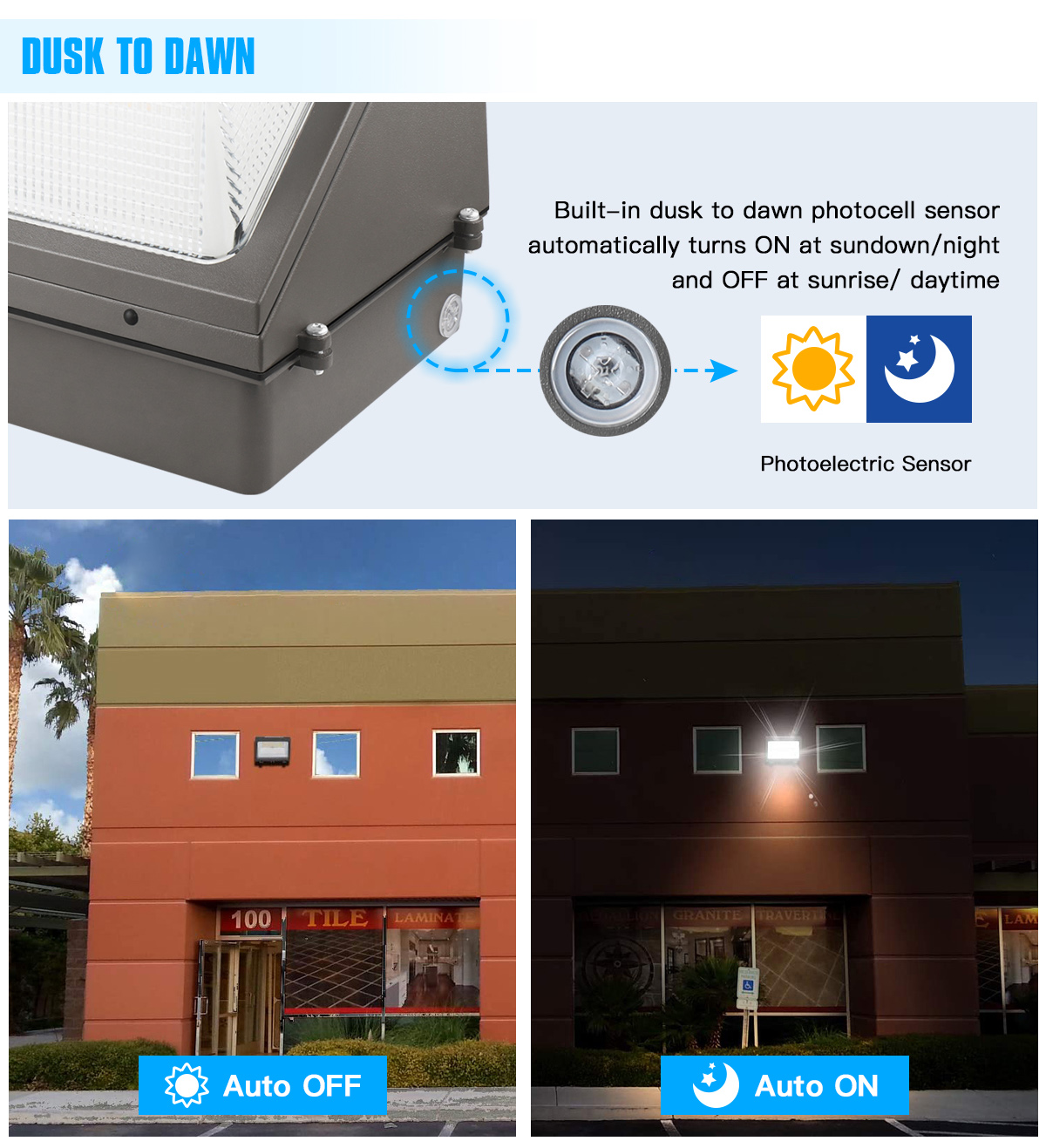 Outdoor LED Wall Pack Light 60W-150W 21000LM with Motion Sensor Dusk Dawn Photocell for Garden Yard IP65 Rating AC Power Supply