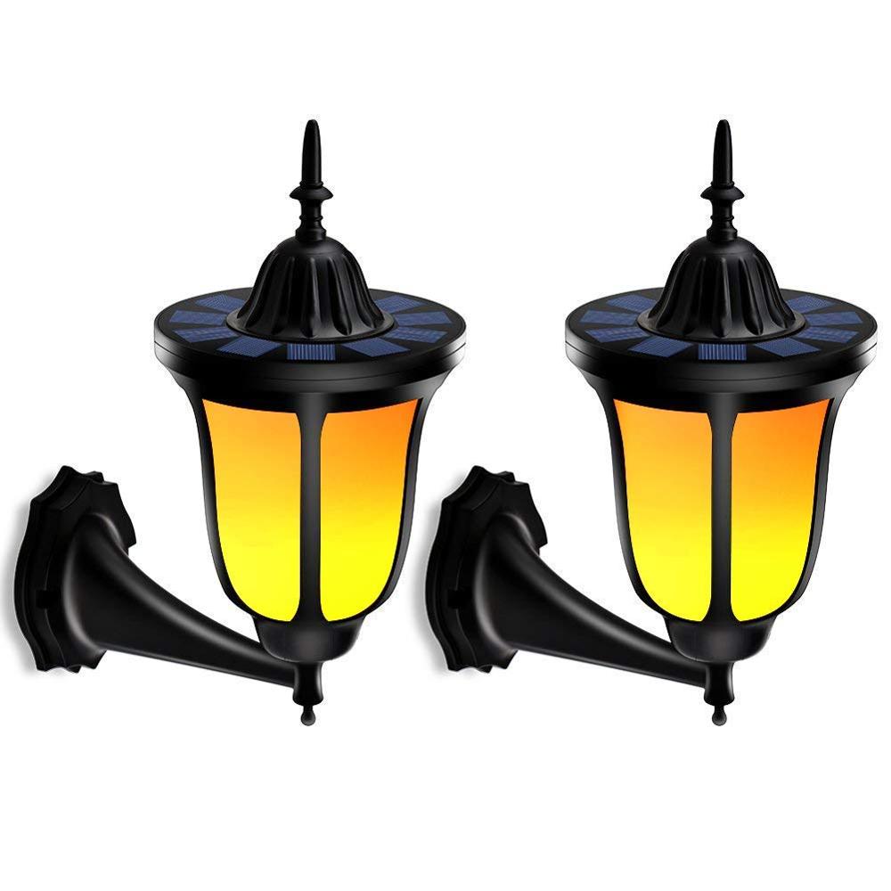 2 Pack Outdoor Lighting Solar Wall-Mounted 96 LED Dancing Flame Garden Light IP65 Water-Resistant Light Sensor Control Black