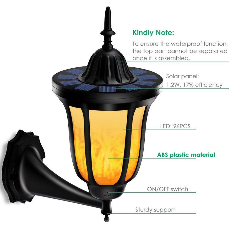 2 Pack Outdoor Lighting Solar Wall-Mounted 96 LED Dancing Flame Garden Light IP65 Water-Resistant Light Sensor Control Black