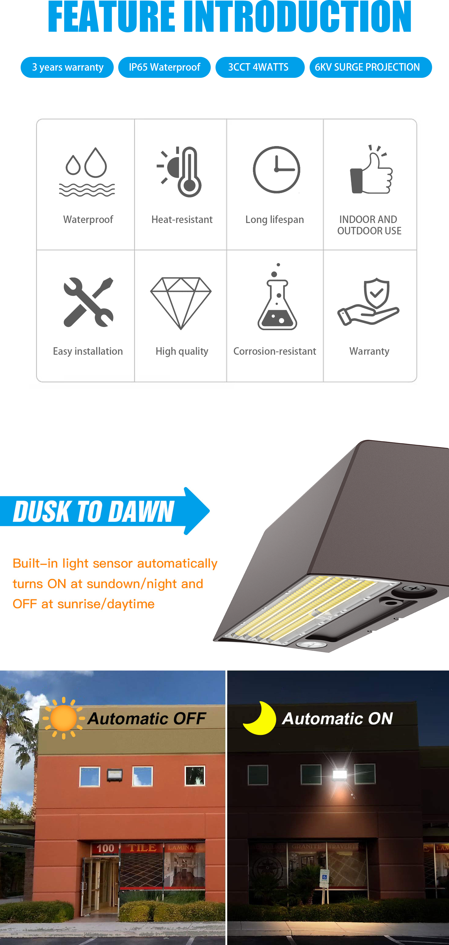 Commercial Wallpack Floodlight DLC Wall Mount LED 30W Exterior Architecture Lighting Remote Control High CRI 95 IP65 Rated