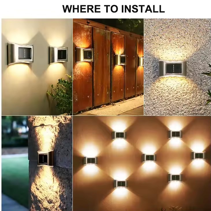 Modern Stainless Steel Solar Wall Lights Up/Down Warm White Garden Lights Waterproof Deck Step Light for Arbor Patio Yard
