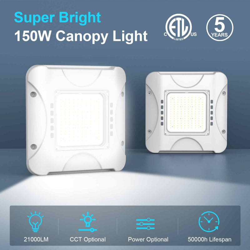 Gas Station LED Canopy Lamp IP65 150W/120W/90W Tunable CCT 4.5/5/5.7K 100-277VAC 5-Year Warranty Warehouse Residential